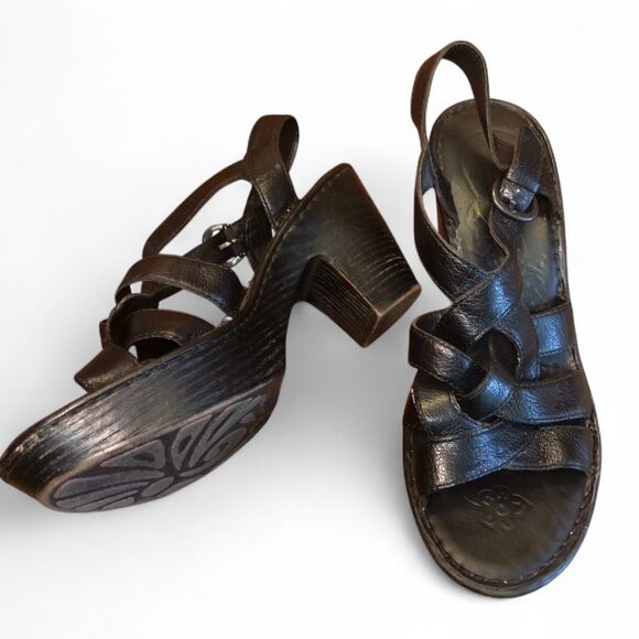 90s Y2K Børn Braided Leather Platform Sandals, Black Chunky Block Heel Size 9 - Picture 1 of 11